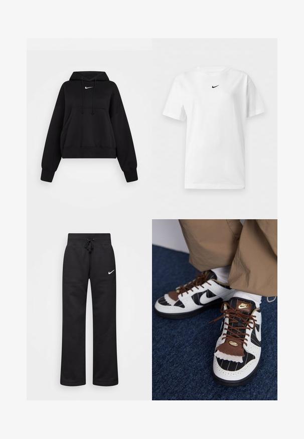 Sort cropped hoodie lavet af blødt stof, med hætte med snor, frontlomme til hænderne og et lille hvidt Nike-logo på brystet.; Hvid t-shirt med korte ærmer og rund halsudskæring med et lille sort Nike Swoosh-logo centreret nær kraven.; Sorte sweatpants lavet af en bomuldsblanding, med en snøre i taljen, lige ben og et hvidt Nike-logo på venstre side.; Nike sneakers med hvide, sorte og brune materialer. Har en tekstureret brun klaff, stribet design og traditionel snøring med guld accenter.