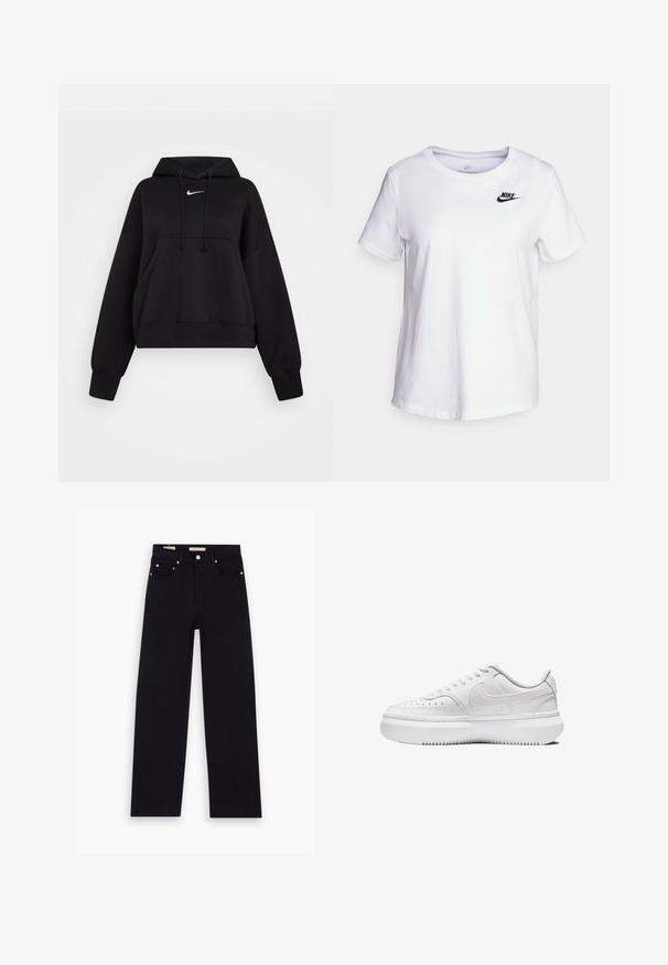Sudadera corta negra hecha de tejido suave, con capucha ajustable, bolsillo canguro delantero y un pequeño logo blanco de Nike en el pecho.; Camiseta de algodón blanca con cuello redondo y mangas cortas. Presenta un logotipo negro de Nike en la parte superior izquierda del pecho.; Jeans de mezclilla negros con corte recto, cinco bolsillos, herrajes de cobre y una textura suave. Dos etiquetas visibles en la cinturilla.; Zapatillas blancas con parte superior de cuero liso, puntera redonda, detalles perforados y suela de goma blanca gruesa. Presenta el logotipo en el lateral y cordones planos.