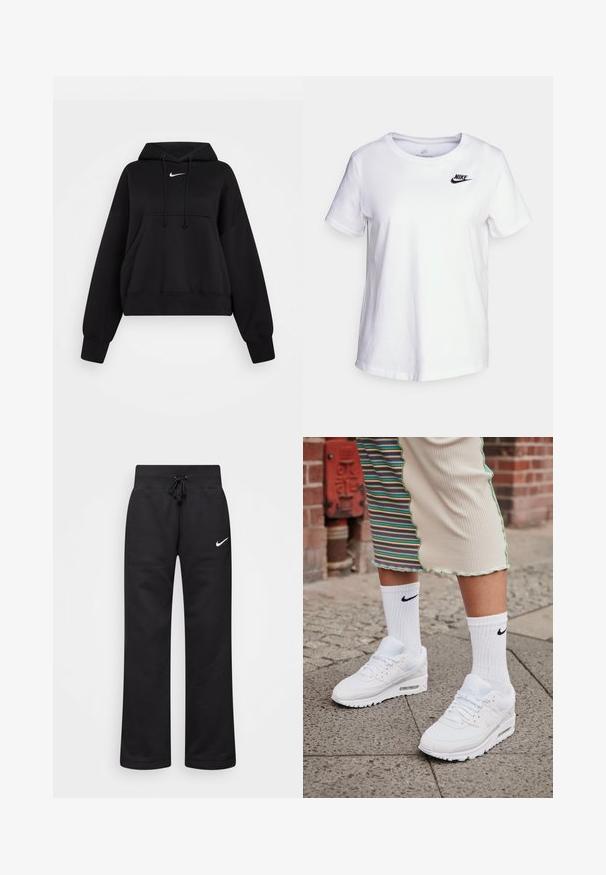 Hoodie noir court en tissu doux, avec une capuche à cordon, poche kangourou avant et un petit logo Nike blanc sur la poitrine.; T-shirt en coton blanc avec un col rond et des manches courtes. Présente un logo Nike noir dans la partie supérieure gauche de la poitrine.; Pantalons de survêtement noirs en mélange de coton, dotés d'une taille élastique avec cordon de serrage, de jambes droites et d'un logo Nike blanc sur le côté gauche.; Baskets Nike Air Max 90 blanches avec une tige en maille et cuir, dotées d'une unité d'air visible, accompagnées de chaussettes blanches côtelées avec un logo noir.