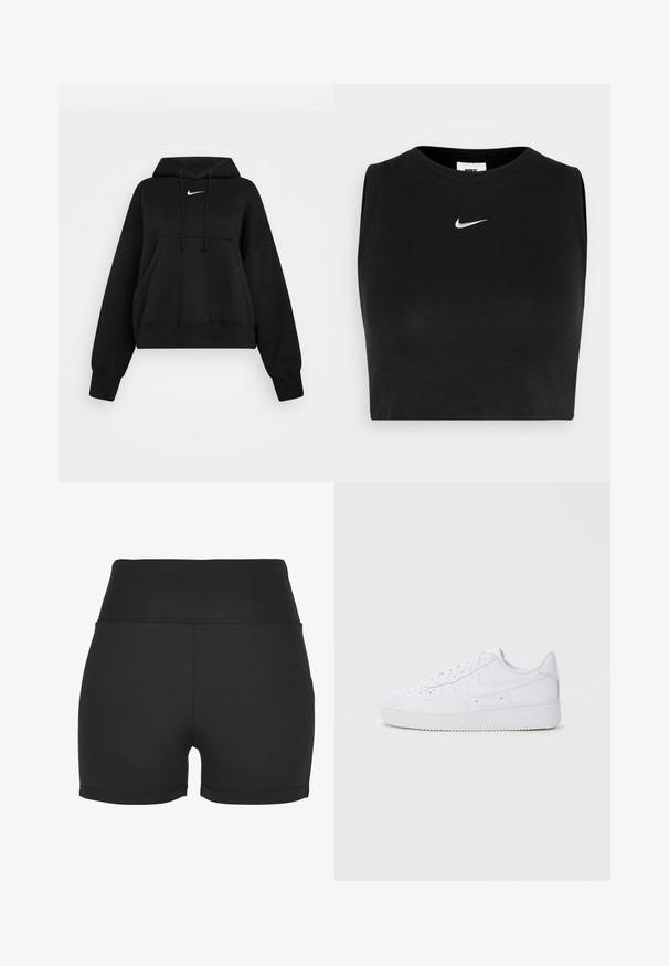 Sudadera corta negra hecha de tejido suave, con capucha ajustable, bolsillo canguro delantero y un pequeño logo blanco de Nike en el pecho.; Top corto negro sin mangas hecho de material acanalado, con cuello redondo y un pequeño logo blanco de Nike en el pecho.; Shorts atléticos negros de talle alto, fabricados con un material elegante y elástico. Presentan costuras suaves y un diseño ajustado, ideales para ropa deportiva.; Zapatillas Nike Air Force 1 blancas con parte superior de cuero, puntera redonda, cierre de cordones, cuello acolchado y suela de goma texturizada.