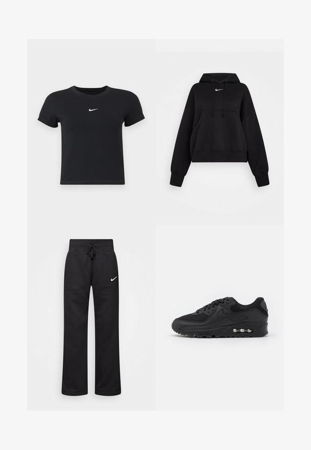 Sudadera corta negra hecha de tejido suave, con capucha ajustable, bolsillo canguro delantero y un pequeño logo blanco de Nike en el pecho.; Camiseta negra de manga corta hecha de algodón con un cuello redondo. Presenta un logo blanco de Nike en el pecho, diseño minimalista y forma ajustada.; Pantalones de chándal negros hechos de una mezcla de algodón, con una cintura elástica ajustable, piernas rectas y un logo blanco de Nike en el lado izquierdo.; Deportivas negras con un upper de cuero liso y malla, punta redonda, acentos texturizados y una unidad de aire visible en la suela.