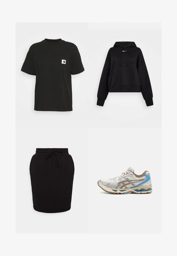 Hoodie noir court en tissu doux, avec une capuche à cordon, poche kangourou avant et un petit logo Nike blanc sur la poitrine.; T-shirt en coton noir à manches courtes, col rond et poche avant avec un logo carré en blanc et noir.; Nike Sportswear CLASH SKIRT - Jupe crayon - black/smoke grey; Chaussure de course blanche et beige avec des accents bleus, dessus en mesh, semelle rembourrée et design à lacets, vue du côté extérieur.