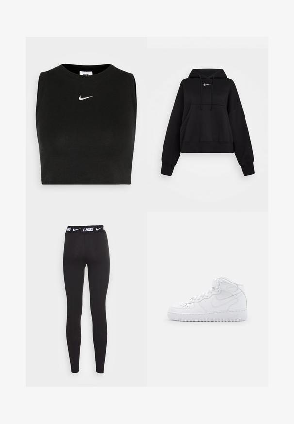 Sudadera corta negra hecha de tejido suave, con capucha ajustable, bolsillo canguro delantero y un pequeño logo blanco de Nike en el pecho.; Top corto negro sin mangas hecho de material acanalado, con cuello redondo y un pequeño logo blanco de Nike en el pecho.; Leggings atléticos negros con una cintura alta que presentan un logo blanco de Nike. La tela es suave y elástica, diseñada para ropa de actividad.; Zapatillas altas blancas de cuero con cuello acolchado, puntera perforada, cordones y correa ajustable en el tobillo; logo en el lado.