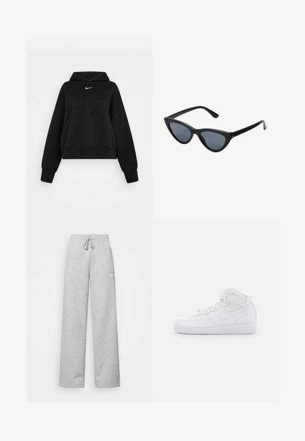 Zwarte cropped hoodie van zachte stof, met een trekkoordcapuchon, een kangaroezak aan de voorkant en een klein wit Nike-logo op de borst.; Grijze sweatpants met een elastische tailleband, een trekkoord-detail en een klein wit Nike-logo op de linkerdij. Zachte stof, losvallend.; Witte hoge sneakers van leer met een gevoerde kraag, geperforeerde neus, veters en een verstelbare enkelband; logo op de zijkant.; Zwarte cat-eye zonnebril met donkergrijze lenzen, slank plastic frame, puntige hoeken en rechte pootjes. Geen zichtbare hardware of accenten.