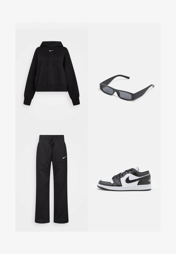 Čierna skrátená mikina vyrobená z mäkkej textílie, s kapucňou na šnúrku, prednou klokankou a malým bielym logom Nike na hrudi.; Čierne tepláky vyrobené z bavlnenej zmesi, s elastickým pásom na šnúrku, rovnými nohavicami a bielym logom Nike na ľavej strane.; Čierno-biele nízke tenisky Nike majú hladký kožený zvršok, okrúlu špičku, šnurovacie zapínanie a vzorovanú gumovú podrážku.; Čierne obdĺžnikové slnečné okuliare s tmavými sklami a hrubými matnými rámami. Ramena sú mierne zúžené s hladkým povrchom.