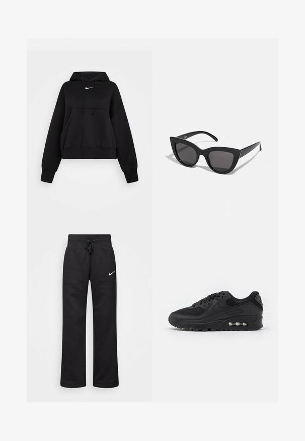 Sort cropped hoodie lavet af blødt stof, med hætte med snor, frontlomme til hænderne og et lille hvidt Nike-logo på brystet.; Sorte sweatpants lavet af en bomuldsblanding, med en snøre i taljen, lige ben og et hvidt Nike-logo på venstre side.; Sort atletisk sneakers med en glat læder- og mesh-overdel, rund tå, teksturerede detaljer og en synlig luftenhed i sålen.; Sorte cat-eye solbriller med mat finish, der har grå tonede linser, skarpe vinkler og slanke sidearme. Mærkenavnet er synligt på den indre arm.