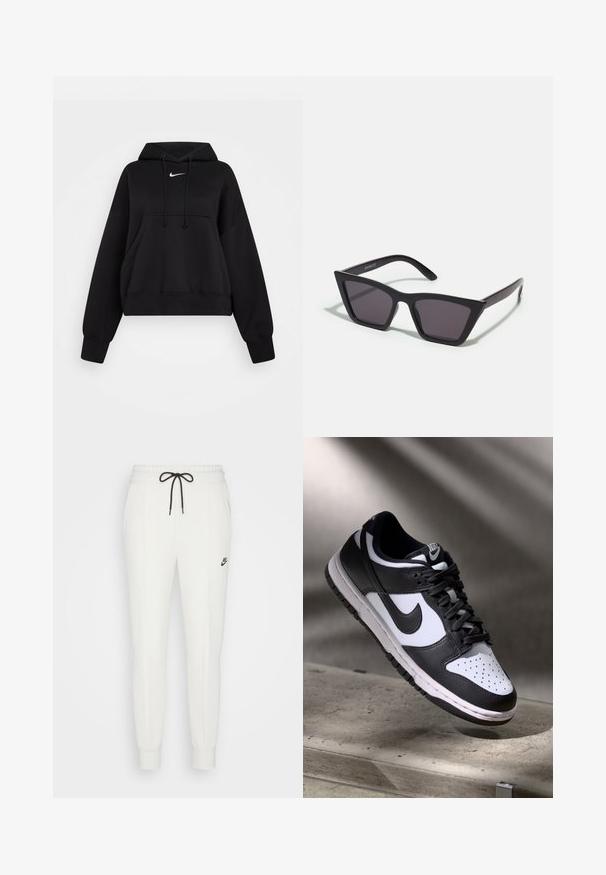 Čierna skrátená mikina vyrobená z mäkkej textílie, s kapucňou na šnúrku, prednou klokankou a malým bielym logom Nike na hrudi.; Biele tepláky vyrobené z mäkkej látky, s elastickým pásom, nastaviteľnou čiernou šnúrkou a malým čiernym logom na stehne.; Čierno-biele tenisky Nike Dunk Low s koženým zvrškom, perforovanou špičkou a čiernymi šnúrkami, so bielou podrážkou a logovými akcentmi.; Čierne, ostré slnečné okuliare so sivými sklami; vyrobené z plastu, majú hrubé ramená s hladkým povrchom a bez viditeľnej mechaniky.