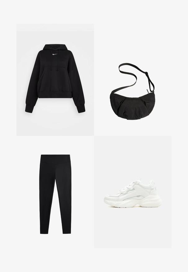 Zwarte cropped hoodie van zachte stof, met een trekkoordcapuchon, een kangaroezak aan de voorkant en een klein wit Nike-logo op de borst.; Zwarte leggings van gladde, rekbare stof. Voorzien van een brede tailleband en een taps toelopend pootdesign, geschikt voor actieve of casual kleding.; Witte chunky sneaker met dikke zool, veters aan de voorkant en een glad bovenwerk van synthetisch materiaal met subtiele stikdetails.; Zwart halve maanvormige crossbodytas met verstelbare riem en geplooide stofdetails tegen een witte achtergrond.