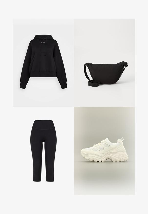 Schwarze, kurze Kapuzenjacke aus weichem Stoff, mit einer Kordelzugkapuze, einer vorderen Kängurutasche und einem kleinen weißen Nike-Logo auf der Brust.; Schwarze 3/4-Leggings aus dehnbarem Material mit hohem Taillenbund und ohne sichtbare Muster oder Hardware.; Weißer klobiger Sneaker mit dicker strukturierter Sohle, Mesh-Einsätzen, Schnürung vorne und Zuglasche an der Ferse auf neutralem Hintergrund.; Schwarze Hobo-Tasche aus weichem Stoff, mit einer geschwungenen Form, einem Reißverschluss und einem breiten, verstellbaren Tragegurt. Glatte Textur ohne Muster.