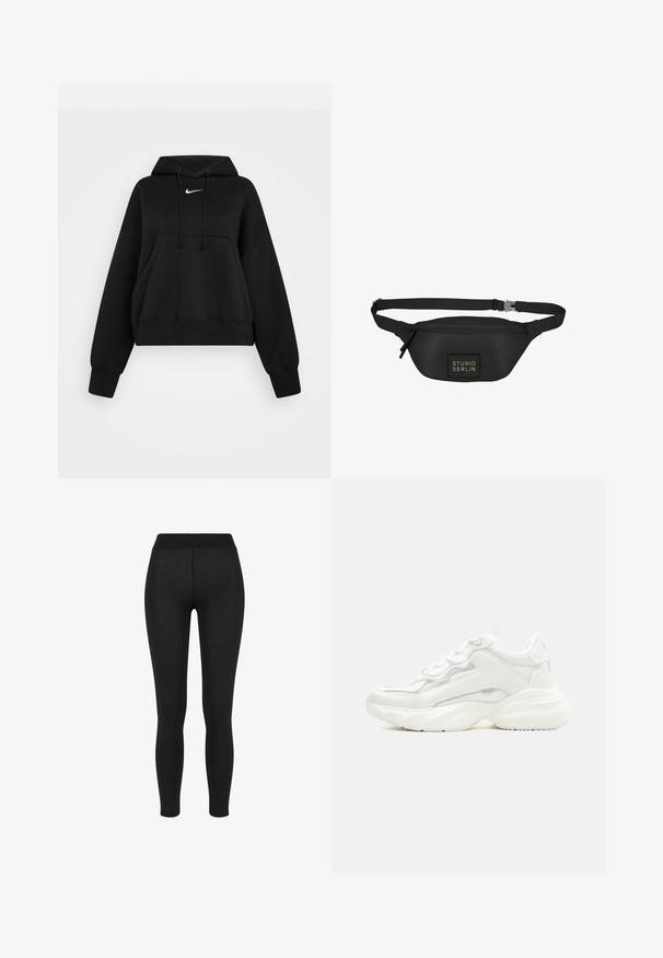 Sort cropped hoodie lavet af blødt stof, med hætte med snor, frontlomme til hænderne og et lille hvidt Nike-logo på brystet.; Sorte leggings i glat stof, med høj talje, tætsiddende design og uden synlige sømme, velegnet til afslappet eller aktivt brug.; Hvid chunky sneaker med tyk sål, snørelukning foran og glat syntetisk overdel med subtile syningsdetaljer.; Sort bæltetaske lavet af glat, vandafvisende materiale, med en rektangulær form, justerbar rem og en frontlogo-patch.