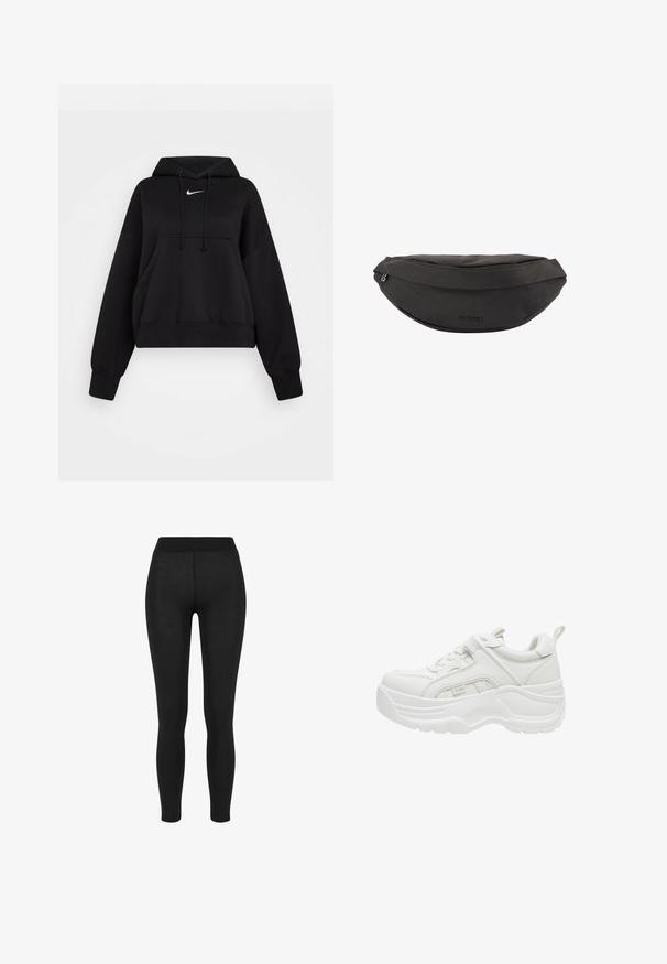 Sort cropped hoodie lavet af blødt stof, med hætte med snor, frontlomme til hænderne og et lille hvidt Nike-logo på brystet.; Sorte leggings i glat stof, med høj talje, tætsiddende design og uden synlige sømme, velegnet til afslappet eller aktivt brug.; Hvid chunky sneaker med tyk sål, snørelukning foran, polstret krave og trækstykke på hælen.; Sort stoftalje taske med lynlåslukning og "BOGNER"-logo på forsiden i midten.