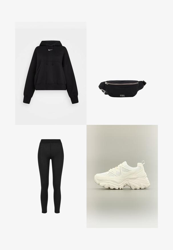 Sudadera corta negra hecha de tejido suave, con capucha ajustable, bolsillo canguro delantero y un pequeño logo blanco de Nike en el pecho.; Leggings negros con una tela suave, cintura alta, diseño ajustado y sin costuras visibles, adecuados para uso casual o deportivo.; Zapatilla blanca gruesa con suela gruesa y texturizada, paneles de malla, cierre de cordones en la parte delantera y tira en el talón sobre un fondo neutro.; Riñonera de tela negra con cremallera plateada y correa ajustable, con pequeño logo blanco "Bimba y Lola" en el frente.