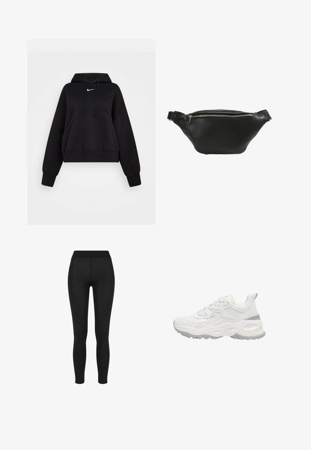 Sort cropped hoodie lavet af blødt stof, med hætte med snor, frontlomme til hænderne og et lille hvidt Nike-logo på brystet.; Sorte leggings i glat stof, med høj talje, tætsiddende design og uden synlige sømme, velegnet til afslappet eller aktivt brug.; Hvid chunky sneaker med tekstureret sål, mesh og læder overdel, snørelukning og trækstrop på hælen mod en hvid baggrund.; Sorte læderbæltetaske med en glat tekstur, buet form og sølvfarvet lynlåslukning. Har en enkelt justerbar rem.