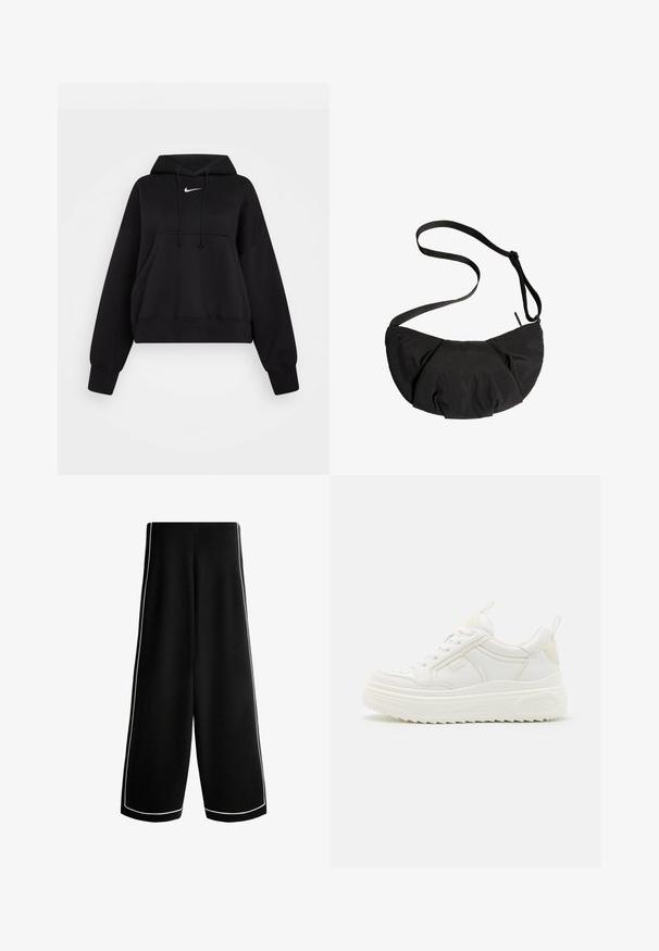 Hoodie noir court en tissu doux, avec une capuche à cordon, poche kangourou avant et un petit logo Nike blanc sur la poitrine.; Pantalon noir à jambes larges, taille haute avec un liseré blanc le long des coutures latérales et des ourlets, présenté sur un fond blanc.; Baskets en cuir blanc avec une semelle épaisse, design à lacets et branding subtil. Présentent une texture lisse et un bout arrondi.; Sac bandoulière noir en forme de croissant avec une sangle réglable et des détails froncés en tissu sur fond blanc.