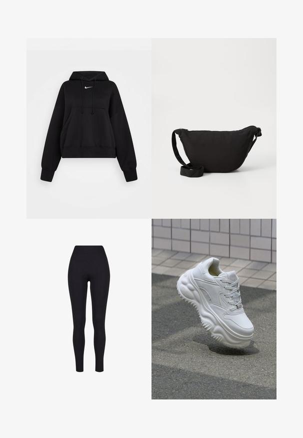 Sort cropped hoodie lavet af blødt stof, med hætte med snor, frontlomme til hænderne og et lille hvidt Nike-logo på brystet.; Sorte højtaljerede leggings, lavet af strækbart stof, med en glat tekstur og en tætsiddende design uden synlige sømme eller mønstre.; Hvide lædersneakers med en kraftig sål, teksturerede detaljer og snørelukning. Har formede accenter og en glat finish.; Sort hobo taske lavet af blødt stof, med en buet form, lynlåslukning og en bred justerbar rem. Glat tekstur uden mønstre.