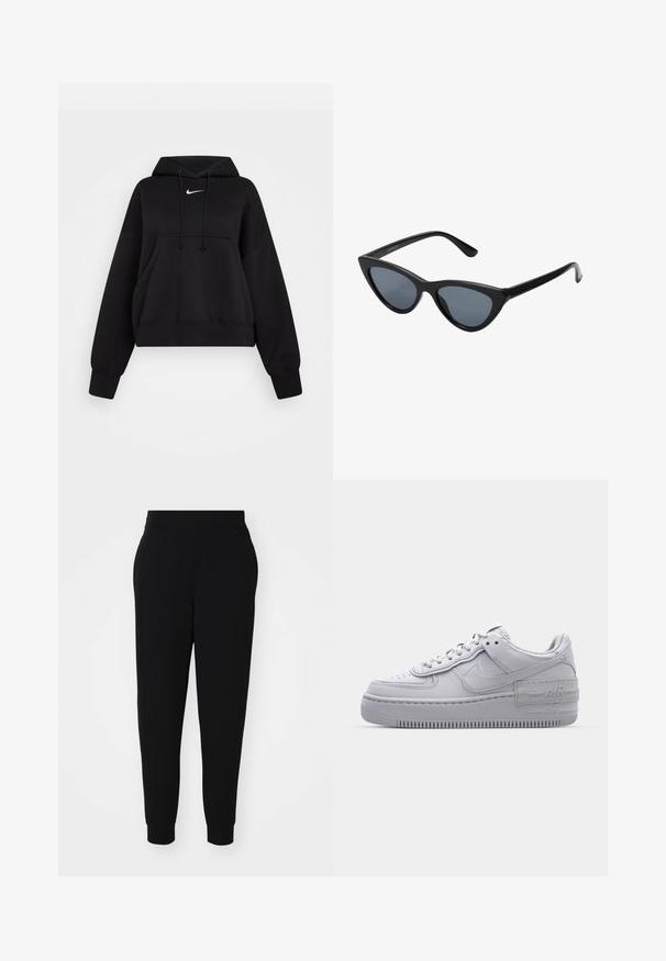 Zwarte cropped hoodie van zachte stof, met een trekkoordcapuchon, een kangaroezak aan de voorkant en een klein wit Nike-logo op de borst.; Zwarte joggerbroek van zacht materiaal, met een toelopende pijp, elastische tailleband en geribde boorden met zijnaad voor een verfijnde uitstraling.; Grijze Nike Air Force 1 sneaker met geperforeerde neus, glad leren bovenwerk, dikke zool en verhoogde 'AIR' details op de hiel.; Zwarte cat-eye zonnebril met donkergrijze lenzen, slank plastic frame, puntige hoeken en rechte pootjes. Geen zichtbare hardware of accenten.