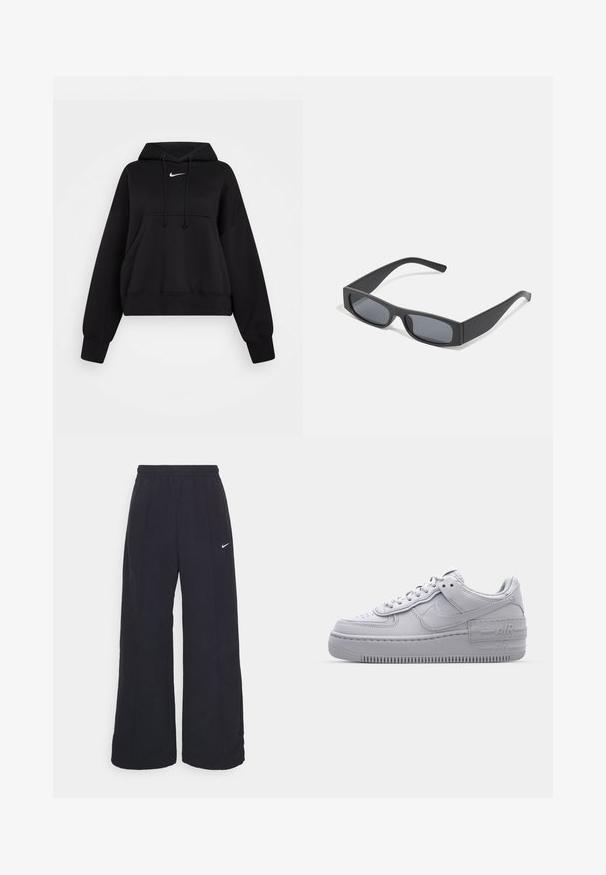 Sort cropped hoodie lavet af blødt stof, med hætte med snor, frontlomme til hænderne og et lille hvidt Nike-logo på brystet.; Sorte brede bukser med elastisk talje og et lille hvidt Nike-logo. Stoffet har en glat tekstur, designet til komfort og afslappet brug.; Grå Nike Air Force 1 sneakers med perforeret tå, glat læderoverdel, tyk sål og præget 'AIR' detalje på hælen.; Sorte rektangulære solbriller med mørke linser og tykke matte stel. Armen er let tilspidset med en glat overflade.