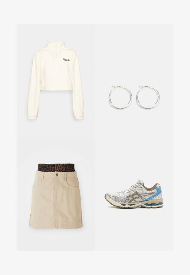 adidas Originals CROPPED - Fleecetrøjer - white; Tan denim nederdel med en brun leopardmønstret elastisk talje, forlommer og en lige pasform, der har synlige syninger.; Hvid og beige løbesko med blå accenter, netoverdel, polstret sål og snørelukning, vist fra ydersiden.; Sølv hoops øreringe har et glat, afrundet design med en slank profil og sikker spænde. Minimalistisk stil med en poleret finish.
