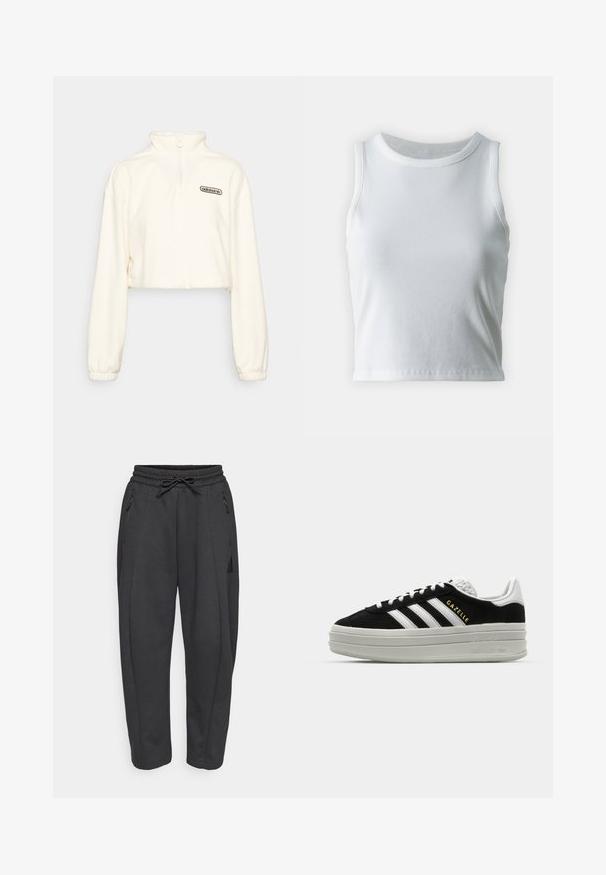 adidas Originals CROPPED - Suéter de forro polar - white; Top de tirantes blanco con textura acanalada, cuello redondo y diseño sin mangas, con un dobladillo recto y una textura suave y elástica.; Pantalones deportivos negros con cintura elástica, cordón ajustable, bolsillos con cremallera en los lados y piernas ajustadas. Fabricados con un tejido suave y texturizado.; Zapatillas negras de ante con detalles en cuero blanco, tres rayas blancas, cordones planos y una gruesa suela de plataforma gris. Marca "Gazelle" en dorado.