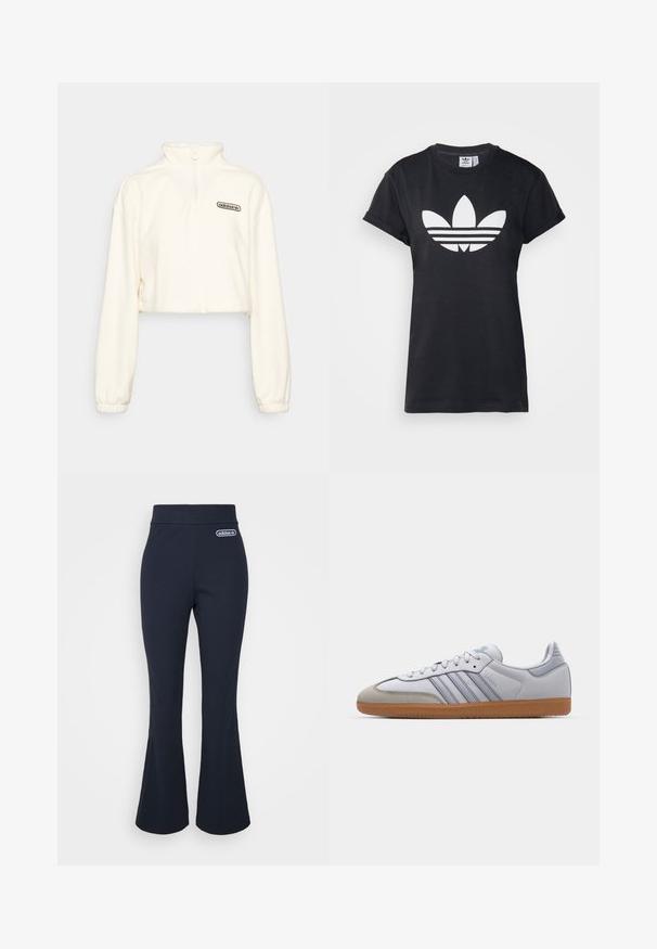 adidas Originals CROPPED - Suéter de forro polar - white; Camiseta de algodón negra con mangas cortas enrolladas y un gran logo blanco de Adidas con el trébol, acompañado de tres franjas horizontales debajo.; adidas Originals FALRE TROUSERS - Pantalones deportivos - legend ink; Zapatillas de cuero blanco con acentos en azul claro, puntera de ante gris y suela de goma marrón. Presentan tres rayas azules y la marca "Samba".