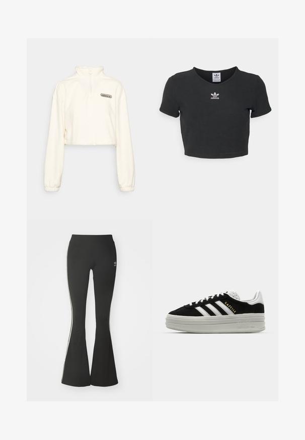 adidas Originals CROPPED - Fleecepullover - white; Schwarzes, kurzes T-Shirt aus Baumwolle mit rundem Halsausschnitt und kurzen Ärmeln. In der Mitte befindet sich eine weiße Adidas-Logo-Stickerei.; Schwarze ausgestellte Leggings aus Stretchmaterial mit hohem Bund und weißen Seitenstreifen. Inklusive kleinem Logo am Bund.; Schwarze Wildleder-Sneaker mit weißen Lederakzenten, drei weißen Streifen, flachen Schnürsenkeln und einer dicken grauen Plateausohle. Goldenes "Gazelle"-Branding.