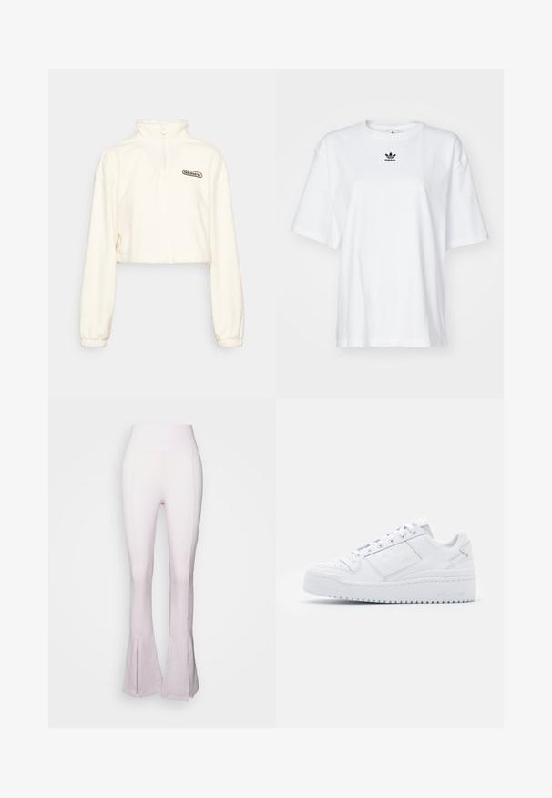adidas Originals CROPPED - Flísový sveter - white; Biele tričko s krátkym rukávom vyrobené z bavlny. Má okrúhly výstrih a malé čierne logo Adidas na hrudi. Priamy strih spodného lemu.; Svetloružové rozšírené nohavice s vysokým pásom, s hladkou textúrou a rozparkom na spodnej časti. Vyrobené z elastického, priliehavého materiálu.; Biele kožené tenisky s hladkým povrchom, okrúly prst, nízky strih, šnúrky a platformová podrážka s jemným brandingom na boku.