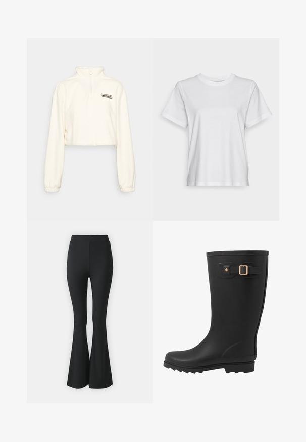adidas Originals CROPPED - Fleecetrøjer - white; Hvid bomulds T-shirt med korte ærmer, rund hals og en afslappet pasform. Glat tekstur, uden mønstre eller grafik, enkel design.; Sorte buks med flared design lavet af strækbart stof. Har en høj talje og et glat, tætsiddende design, der flared ud fra knæet og ned.; Sort gummistøvle med rund tå, tekstureret sål og en sidestrapdetalje med en guldspænde akcent.