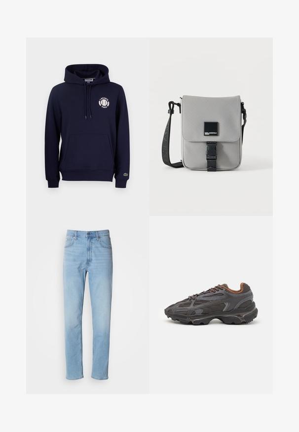 Mørkeblå hættetrøje lavet af bomuldsblanding, med en front kangaroo-lomme, snoretræk i hætten og et hvidt Lacoste-logo med tennismotiv.; Lys blå denim jeans med lige pasform, fem lommer og bæltestropper. Stoffet har en glat overflade med en let falmningseffekt.; Lacoste sneakers i mørkegrå med mesh og syntetisk materiale, udstyret med en tekstureret sål og brune accenter på kraven og brandingen.; Grå crossbody taske med sort justerbar rem, frontklap sikret med sort spænde, med et firkantet Karl Lagerfeld Jeans logo patch.