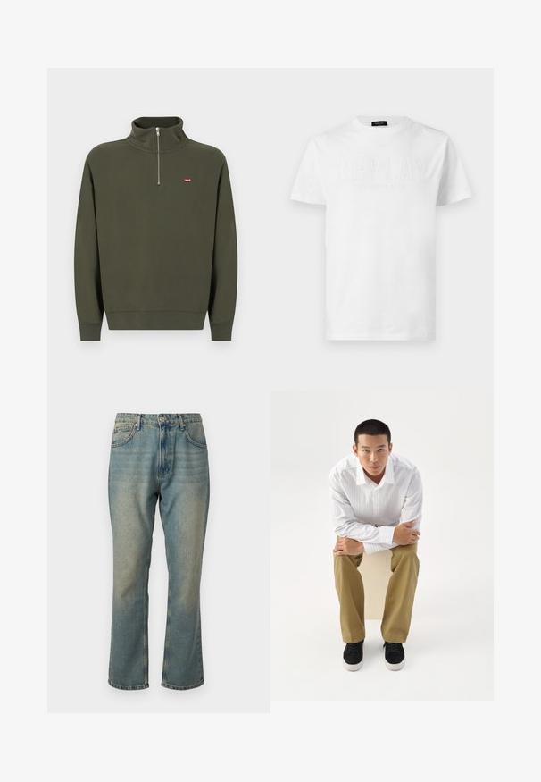 Olijfgroene pullover met lange mouwen, voorzien van een korte ritssluiting aan de voorkant en een klein rood Levi's-logo op de linkerborst.; Wit T-shirt met korte mouwen en ronde hals, met een geperst "REPLAY EIGHTY ONE"-tekst op de voorkant en een zwart merklabél bij de halslijn.; Vervaagde blauwe denim jeans met een rechte pijp, vijf zakken en een knoopsluiting. Heeft subtiele details met een lichtere wassing.; Jonge man in wit gestreept overhemd en kaki broek, voorover zittend op een kruk met gekruiste armen, kijkt recht vooruit op een witte achtergrond.