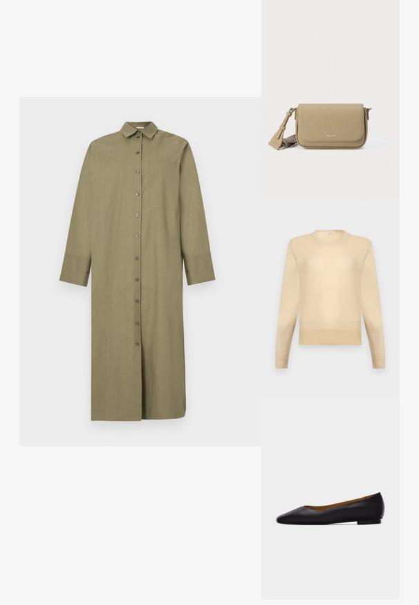 Beige genser med rund hals, lange ermer og ribbestrikkede mansjetter og kant, på lys grå bakgrunn.; Lang olivengrønn skjortekjole med knapper, lange ermer og klassisk krage, vist på hvit bakgrunn.; Svart skinnsko med spiss tå, flat såle og lav hæl, med glatt finish, vist fra siden på en lys grå bakgrunn.; Khakifarget skinn veske med teksturert finish, klaffelukking, sølvfarget logo og justerbar stropp. Kompakt rektangulær form.