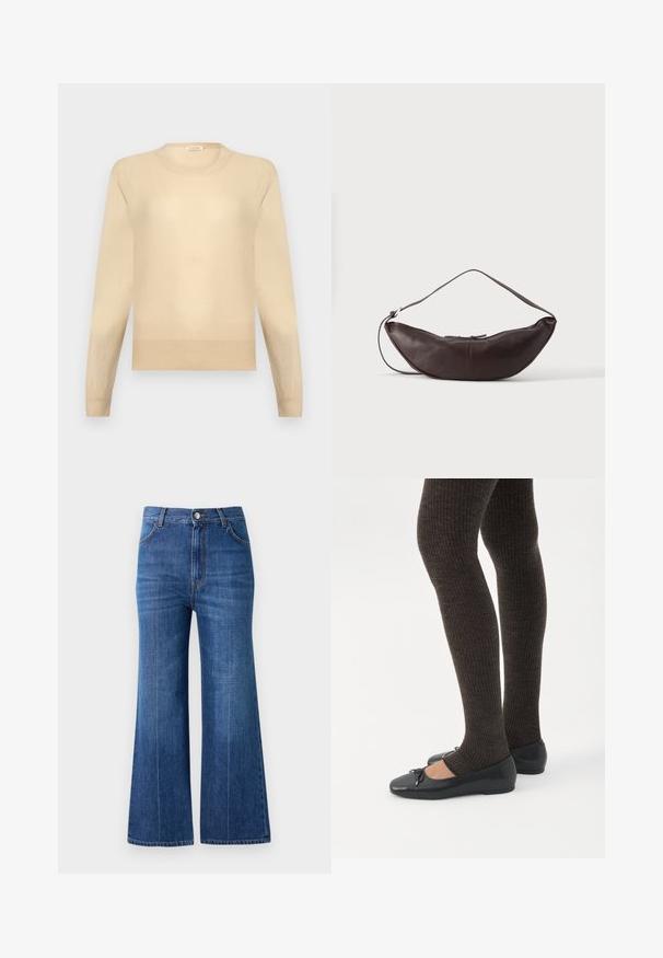 Beige langærmet crewneck-sweater med ribbet manchetter og kant på en lys grå baggrund.; Bredde ben jeans i mørkeblå denim, med høj talje, diskret slidte detaljer og klassisk fem-lomme-design. Syet med kontrasttråd.; Ben iført mørke ribbede leggings kombineret med sorte balletsko med små sløjfedetaljer på hvid baggrund.; Mørkebrun læder skuldertaske i halvmåneform med buet rem og synlige syninger på ensfarvet baggrund.