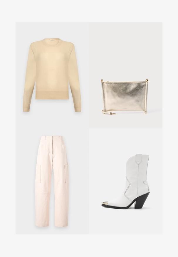 Beige langærmet crewneck-sweater med ribbet manchetter og kant på en lys grå baggrund.; Lyserøde cargo bukser lavet af bomuld, med lige pasform, to sidelommer og en talje med elastiske detaljer.; David Koma ANKLE LENGTH METAL NOSE - Højhælede støvletter - white; Metalisk sølv clutch-taske med glat tekstur, rektangulær form og gyldne hardware-detaljer. Har en aftagelig rem for alsidighed.
