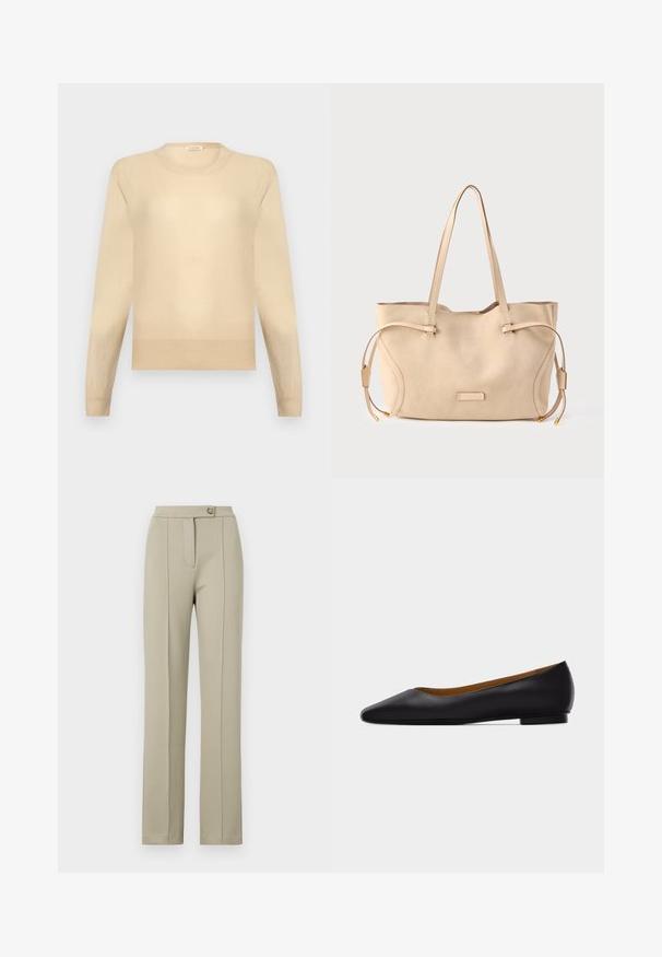 Pull beige à manches longues et col rond avec poignets et ourlet côtelés sur un fond gris clair.; Pantalons beiges ajustés avec une coupe droite, dotés d'une fermeture éclair à l'avant, d'un bouton unique et de plis délicats marqués sur le devant des jambes.; Chaussure plate en cuir noir à bout pointu avec talon bas et finition lisse, vue de côté sur un fond gris clair.; Sac cabas en daim beige avec des liens latéraux ajustables, des bretelles plates pour l'épaule et une base rectangulaire. Comprend un petit détail logo en métal.