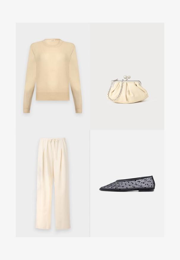 Suéter beige de manga larga con cuello redondo, puños y dobladillo acanalados sobre un fondo gris claro.; Pantalones plisados beige con cinturilla elástica y cordón ajustable. Tejido ligero y diseño de pierna ancha y recta.; Zapato plano negro con puntera puntiaguda, tela translúcida y un patrón de lunares negros sobre un fondo claro.; Clutch de cuero beige plisado con un marco de metal plateado, que cuenta con dos broches decorativos redondos y una correa de cadena plateada.