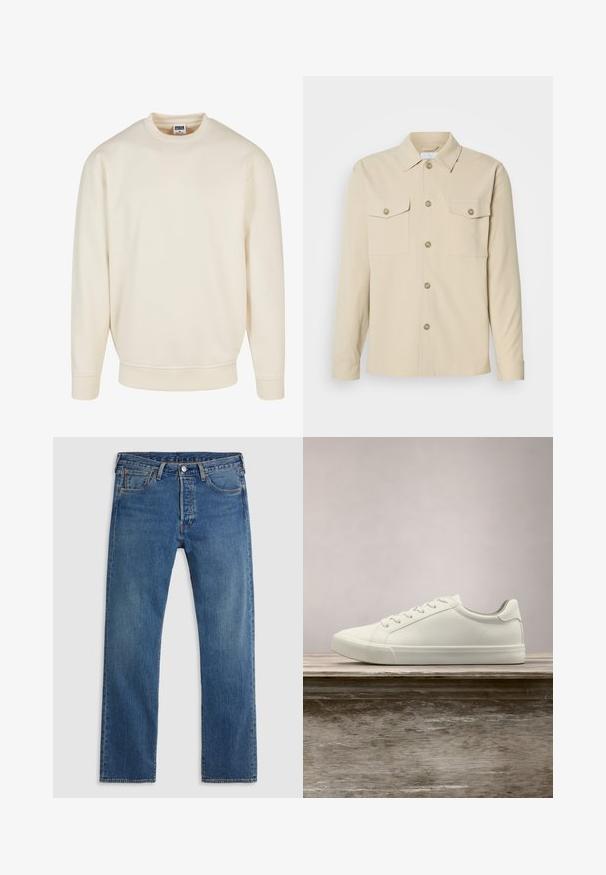 Cremefarbener Sweatshirt mit geripptem Halsausschnitt und Bündchen. Hat eine lockere Passform, weichen Griff und keine sichtbaren Muster oder Grafiken.; Beige Hemd mit Knopfleiste aus glattem Stoff, verfügt über zwei Brusttaschen, einen klassischen Kragen und fünf Vorderknöpfe. Lange Ärmel mit geknöpften Manschetten.; Blaue geradlinige Jeans aus Denim mit fünf Taschen, Gürtelschlaufen sowie einem Verschluss mit Knopf und Reißverschluss auf einem schlichten Hintergrund.; Weiße Schnürsneaker, die über einer Holzbank mit grünem Laub im Hintergrund schweben und das Schuhdesign sowie die Textur zeigen.