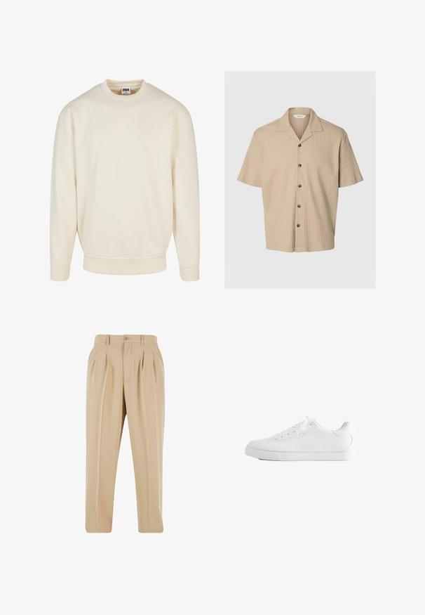 Cremefarvet sweatshirt med ribbet halsudskæring og manchetter. Har en afslappet pasform, blød tekstur og ingen synlige mønstre eller grafik.; Beige kortærmet ribbet skjorte med fem knapper og en hakket krave, vist på en ensfarvet lysegrå baggrund.; Beige plisserede bukser med lige ben-design, lavet af glat stof, med en knaplukning og løkker til bælte i taljen.; Hvid lavtop sneakers med snørebånd, glat læderoverdel og flad gummiå sole set fra siden på en hvid baggrund.