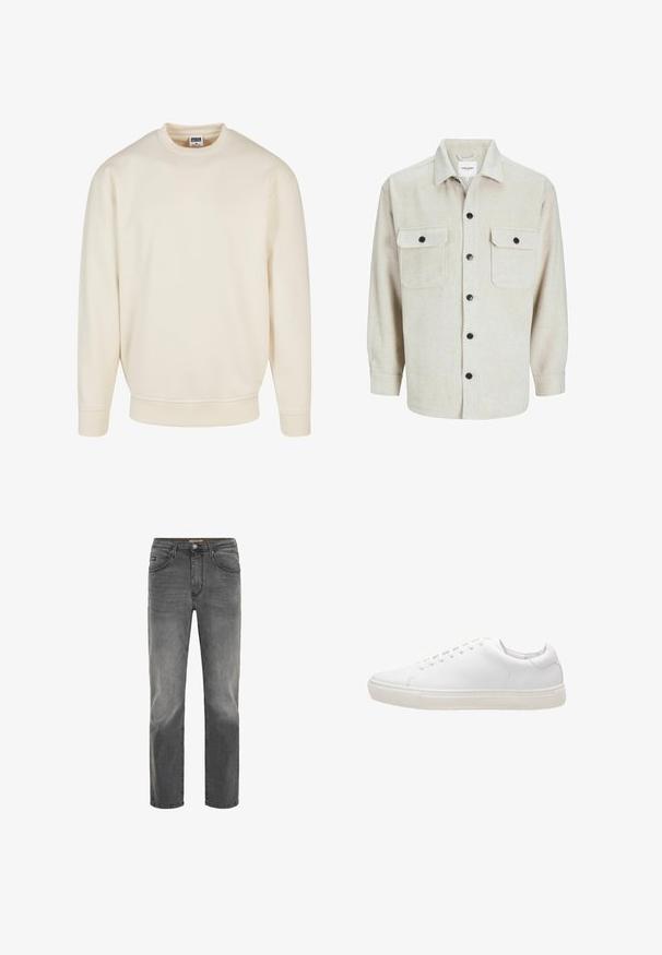 Cremefarbener Sweatshirt mit geripptem Halsausschnitt und Bündchen. Hat eine lockere Passform, weichen Griff und keine sichtbaren Muster oder Grafiken.; Beige Flanellhemd mit Kragen, das über zwei Brusttaschen, schwarzen Knöpfen und langen Ärmeln mit geknöpften Manschetten verfügt.; Graue Denim-Jeans mit geradem Schnitt, fünf Taschen-Design und einem dezenten, verblassten Finish. Verfügt über einen Knopf- und Reißverschluss.; Weiße Leder-Sneaker mit glatter Textur, runder Zehenpartie, Schnürverschluss und flacher Gummisohle. Minimalistisches Design ohne sichtbare Muster.
