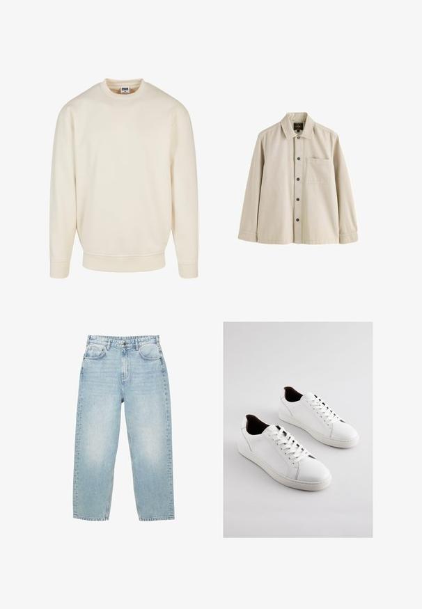 Cremefarvet sweatshirt med ribbet halsudskæring og manchetter. Har en afslappet pasform, blød tekstur og ingen synlige mønstre eller grafik.; Beige langærmet skjorte med knapper, krave og en brystlomme, lavet af et robust stof.; Lyseblå høj talje denim jeans med lige ben, for- og baglommer samt lukning med knap og synlig syning.; Hvide lædersneakers med lav profil, perforerede sider, flade snørebånd og en kontrasterende brun indvendig foring. Gummisål med tekstureret mønster.
