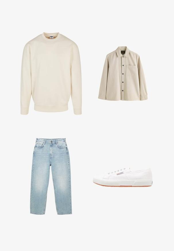 Cremefarvet sweatshirt med ribbet halsudskæring og manchetter. Har en afslappet pasform, blød tekstur og ingen synlige mønstre eller grafik.; Beige langærmet skjorte med knapper, krave og en brystlomme, lavet af et robust stof.; Lyseblå høj talje denim jeans med lige ben, for- og baglommer samt lukning med knap og synlig syning.; Hvide kanvas sneakers med gummisål, snørebåndsdesign og et lille logo mærke på siden. Tekstureret hvid overdel og brun ydersål.