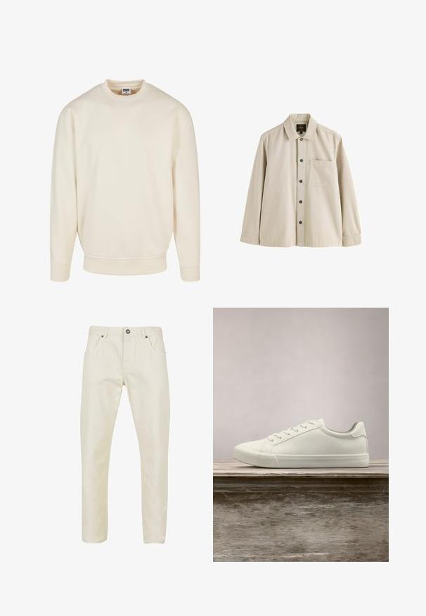Crème kleurige sweatshirt met een geribde halslijn en boorden. Heeft een losse pasvorm, zachte textuur en geen zichtbare patronen of graphics.; Beige overhemd met lange mouwen, knopen, een kraag en één borstzak, gemaakt van stevig stof.; Beige katoenen broeken met een gladde structuur, rechte pasvorm, vijf zakken ontwerp en een metalen knoopsluiting bij de taille.; Witte vetersneaker die boven een houten bank zweeft met groene bladeren op de achtergrond, waarbij het ontwerp en de textuur van de schoen worden getoond.