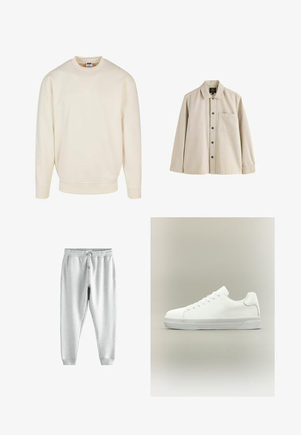 Sweatshirt couleur crème avec un col et des poignets côtelés. Présente une coupe décontractée, une texture douce et aucun motif ou graphique visible.; Chemise beige à manches longues boutonnée, avec un col et une poche poitrine, conçue dans un tissu robuste.; Pantalon de survêtement gris avec une taille élastique à cordon, deux poches latérales et des chevilles ajustées, fabriqué à partir d'un tissu doux et texturé.; Baskets basses blanches à lacets, doté d'un col rembourré et d'une semelle en caoutchouc texturée, présentées de profil sur un fond neutre.