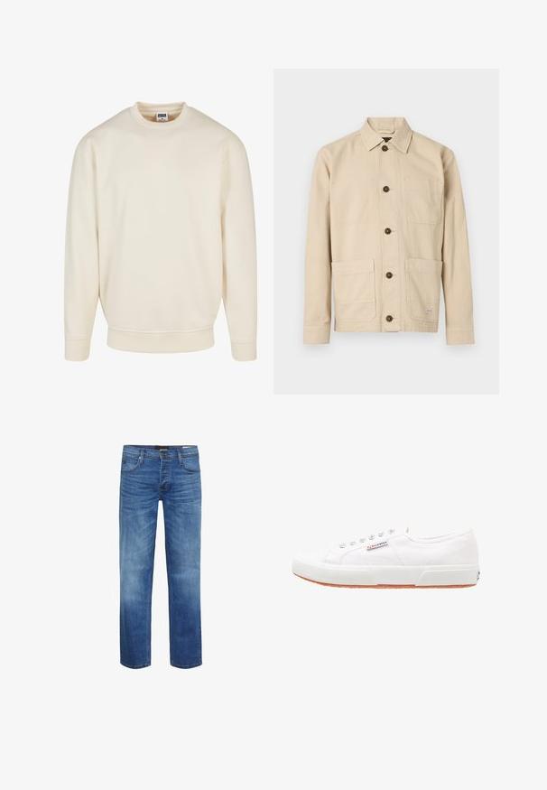 Cremefarbener Sweatshirt mit geripptem Halsausschnitt und Bündchen. Hat eine lockere Passform, weichen Griff und keine sichtbaren Muster oder Grafiken.; Helle beige Arbeitsjacke aus Baumwollstoff, mit Knopfleiste, spitzem Kragen, zwei Brusttaschen, zwei unteren Taschen, braunen Knöpfen und Ziernähten.; Hellblaue Jeans aus Denim mit einem verwaschenen Finish, gerader Schnitt, Fünf-Taschen-Design und einem Reißverschluss. Mit brauner Naht und einem Logo-Patch.; Weiße Leinensneaker mit Gummisohle, Schnürdesign und einem kleinen Logolabel an der Seite. Strukturierte weiße Oberseite und braune Außensohle.