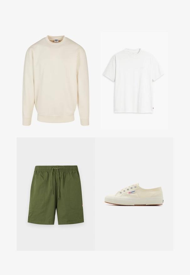Sweatshirt couleur crème avec un col et des poignets côtelés. Présente une coupe décontractée, une texture douce et aucun motif ou graphique visible.; T-shirt en coton blanc à manches courtes, col rond, avec un logo "Levi's" discret imprimé en couleur claire sur le devant.; Shorts vert olive avec ceinture élastique et cordon de serrage à l'avant, comprenant deux grandes poches avant et un petit logo sur la cuisse droite.; Baskets en toile beige au design épuré, œillets en métal et semelle en caoutchouc. Présente un motif texturé et un détail de logo sur le côté.