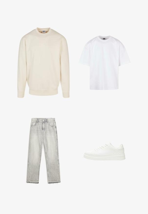 Cremefarbener Sweatshirt mit geripptem Halsausschnitt und Bündchen. Hat eine lockere Passform, weichen Griff und keine sichtbaren Muster oder Grafiken.; Weißes T-Shirt mit kurzen Ärmeln und Rundhalsausschnitt, aus Baumwollmaterial, mit lockerem Schnitt und minimalen Nahtdetails.; Hellgraue Jeans aus Denim mit leicht gefärbtem Finish, geradem Schnitt, fünf Taschen-Design und ausgefranstem Saum. Flacher Bund mit Gürtelschlaufen.; Weiße Sneaker mit einem glatten Lederoberteil, flachen Schnürsenkeln und einer dicken Gummisohle. Das minimalistische Design verfügt über subtile Nähte und nahtlose Akzente.