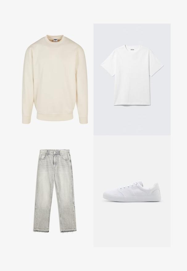 Cremefarvet sweatshirt med ribbet halsudskæring og manchetter. Har en afslappet pasform, blød tekstur og ingen synlige mønstre eller grafik.; Hvid kortærmet crewneck T-shirt lagt fladt ud, ensfarvet design, med "WEEKDAY" mærkat inde i kraven på en lys baggrund.; Lys grå denimjeans med en let falmet finish, lige pasform, fem-lomme design og flosset søm. Flad taljebånd med bælteløkker.; Hvide lærreds sneakers med gummisål, der har seks snørehuller, en struktureret tåkap og et minimalistisk design.