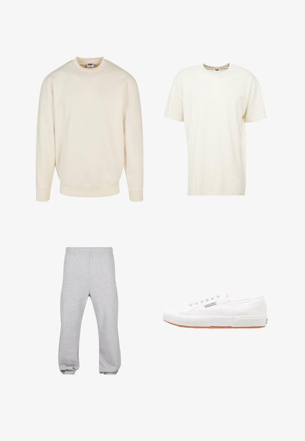 Sweatshirt couleur crème avec un col et des poignets côtelés. Présente une coupe décontractée, une texture douce et aucun motif ou graphique visible.; T-shirt à manches courtes et col rond de couleur crème clair. Fabriqué en coton doux avec une coupe décontractée et des coutures minimales.; Pantalon de jogging en coton gris clair avec taille élastique et poignets aux chevilles, présenté à plat sur fond blanc.; Baskets en toile blanches avec une semelle en caoutchouc, design à lacets et une petite étiquette logo sur le côté. Tige blanche texturée et semelle extérieure marron.
