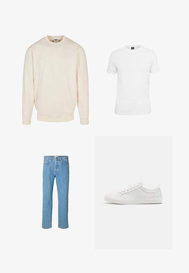 Crème kleurige sweatshirt met een geribde halslijn en boorden. Heeft een losse pasvorm, zachte textuur en geen zichtbare patronen of graphics.; Witte t-shirt met korte mouwen, gemaakt van katoen, voorzien van een ronde hals en een soepele textuur, ontworpen voor casual gebruik.; Lichtblauwe denim jeans met een recht gesneden ontwerp. Kenmerken zijn een knoopsluiting, vijf zakken en gestikte details langs de naden.; Witte sneakers met een glad leren bovenwerk, ronde neus, platte rubberen zool en zes oogjes voor veters. Subtiele stikseldetails, minimalistisch ontwerp.