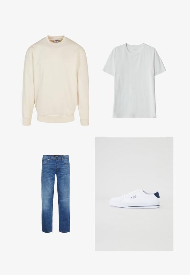 Kermanvärinen collegepaita, jossa on ribbikaulus ja hihansuut. Ominaisuuksiin kuuluu rento istuvuus, pehmeä materiaali sekä ei näkyviä kuvioita tai grafiikoita.; Frank Dandy Bamboo Tee - T-paita - white; Vaaleansiniset farkut, joissa on haalistunut pinta, suora leikkaus, viisi taskua ja vetoketju. Varustettu ruskeilla saumoilla ja logopaneelilla.; Valkoiset kangaskengät, joissa on tummansininen kantapään yksityiskohta, tasaiset kumipohjat, pyöreä kärki ja valkoiset nauhat. Sivussa on logo.