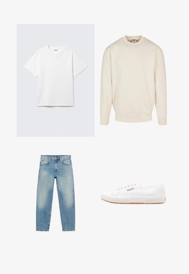 Sweatshirt couleur crème avec un col et des poignets côtelés. Présente une coupe décontractée, une texture douce et aucun motif ou graphique visible.; T-shirt blanc à manches courtes et col rond, étalé à plat, design uni, avec l'étiquette "WEEKDAY" à l'intérieur du col sur un fond clair.; Jean droit en denim bleu avec poches avant et passants de ceinture, présentant des détails légèrement décolorés sur les cuisses et les genoux.; Baskets en toile blanches avec une semelle en caoutchouc, design à lacets et une petite étiquette logo sur le côté. Tige blanche texturée et semelle extérieure marron.