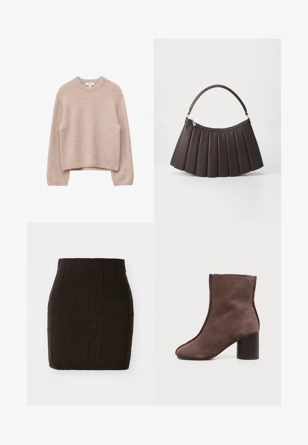 Suéter beige de punto con cuello redondo, mangas largas, dobladillo ligeramente cropped y puños y cuello acanalados.; Falda mini de punto marrón oscuro con un patrón texturizado y tejido, y una cintura ajustada. El dobladillo está acanalado para añadir un detalle adicional.; Botín de ante marrón con puntera redondeada y tacón bloque sobre un fondo claro liso.; Bolso marrón plisado con una parte superior curva, base plana y un asa corta. Fabricado con material liso que presenta un detalle de marca sutil.